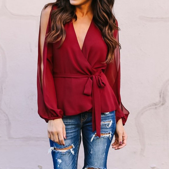 Tops - Red Open Sleeve Tie-Front Blouse